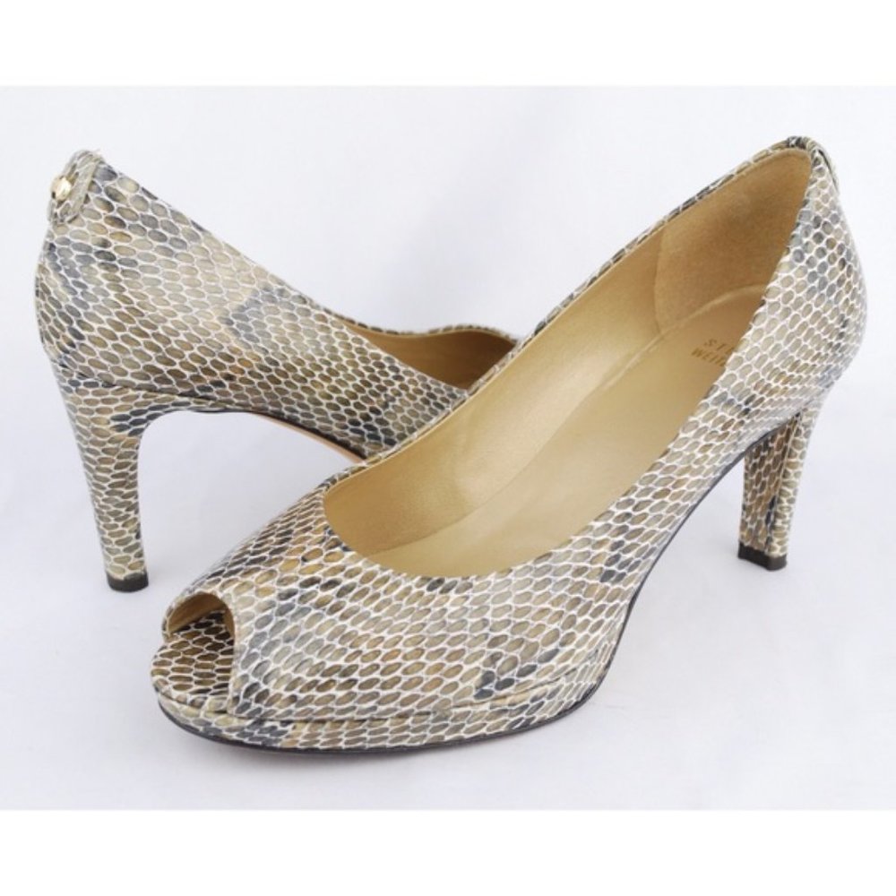 Stuart Weitzman gold snake skin print peep toe heels 8M